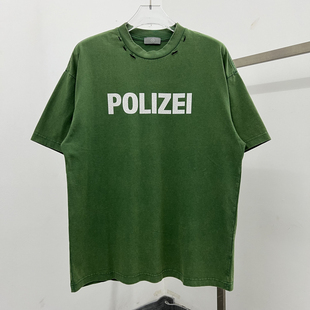 VTM夏季潮牌Vintage碎裂字母POLIZEI印花男女宽松破坏复古短袖T恤