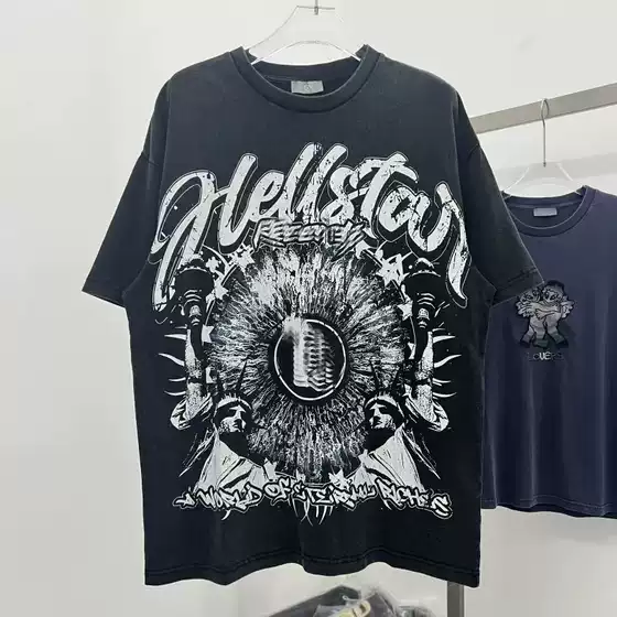 American Hell Star High Street Men's Distressed Vintage Side Face Print Loose Short Sleeve T-Shirt Couple's Tee
