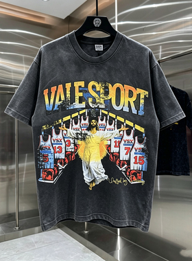Vale Sport美式复古篮球人像印花短袖T恤高街水洗做旧宽松潮男女T