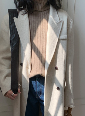 AlloFu十三行冬季双排扣羊毛大衣女宽松系带中长款双面呢外套876