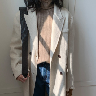 AlloFu十三行冬季 双面呢外套876 双排扣羊毛大衣女宽松系带中长款