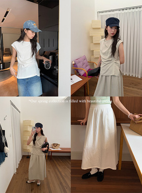 衣夫十三行韩系套装荡领显瘦收褶小衫高腰直筒小A半身裙23139