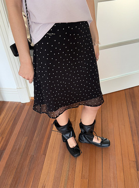 衣夫 波点高腰a字半身裙女2025春夏季新款花边防走光a字短裙23163