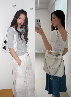 AlloFu十三行露背大U领芭蕾风t恤上衣女新款修身显瘦中袖上衣3853