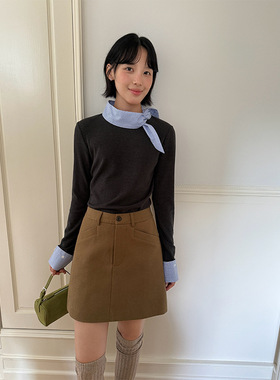 AlloFu十三行撞色格纹拼接T恤上衣简约韩系时尚打底小衫23718