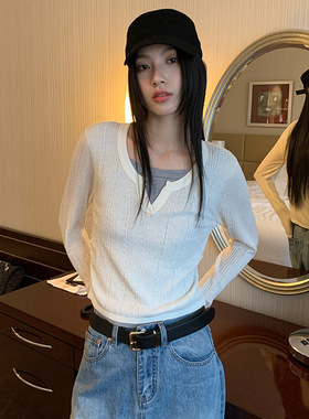 AlloFu十三行韩系撞色假两件长袖针织衫女春季修身显瘦圆领t恤973