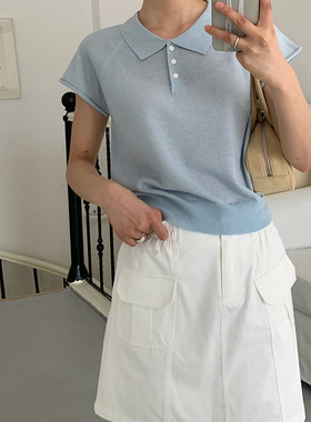 AlloFu十三行翻领针织衫夏女2025甜辣美式冰感休闲条纹款上衣826