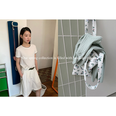 AlloFu十三行夏季女装圆领t恤亲肤软糯撞色正肩显瘦短袖上衣5112