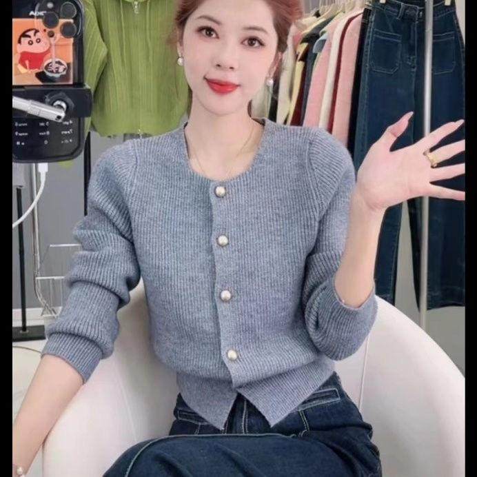 法式复古方领短款毛衣开衫女韩版宽松外穿显瘦针织衫长袖气质上衣