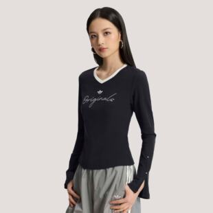 Adidas三叶草女子修身显瘦刺绣logo休闲运动长袖T恤KS2381/KS2382