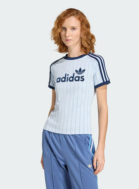 Adidas三叶草GRAPHIC CALI 女子撞色条纹修身运动短袖T恤KQ9063