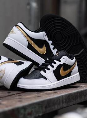 耐克男鞋air Jordan 1 AJ1白黑金钩低帮复古板鞋运动鞋553558-172