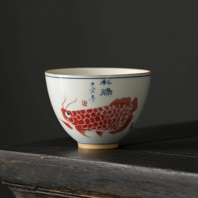 草木灰年年有鱼国潮祥瑞龙鱼男女士陶瓷中式普洱杯品茗杯功夫茶杯,餐饮具,茶杯,淘宝优惠券,粉丝福利购,淘宝优惠卷