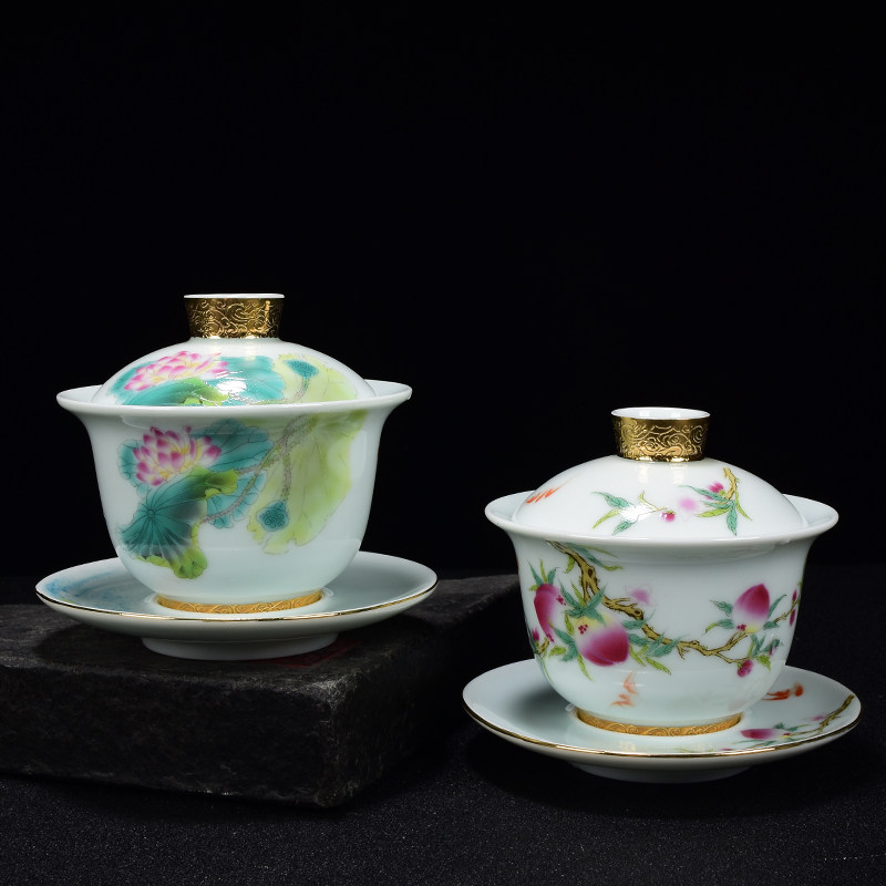 仿古荷花盖碗福寿安康粉彩珐琅彩泡茶碗功夫茶具描金寿桃三才茶碗