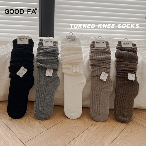GOOD FA2024秋冬新款宽坑条翻边过膝堆堆袜女韩版学院风长筒袜子