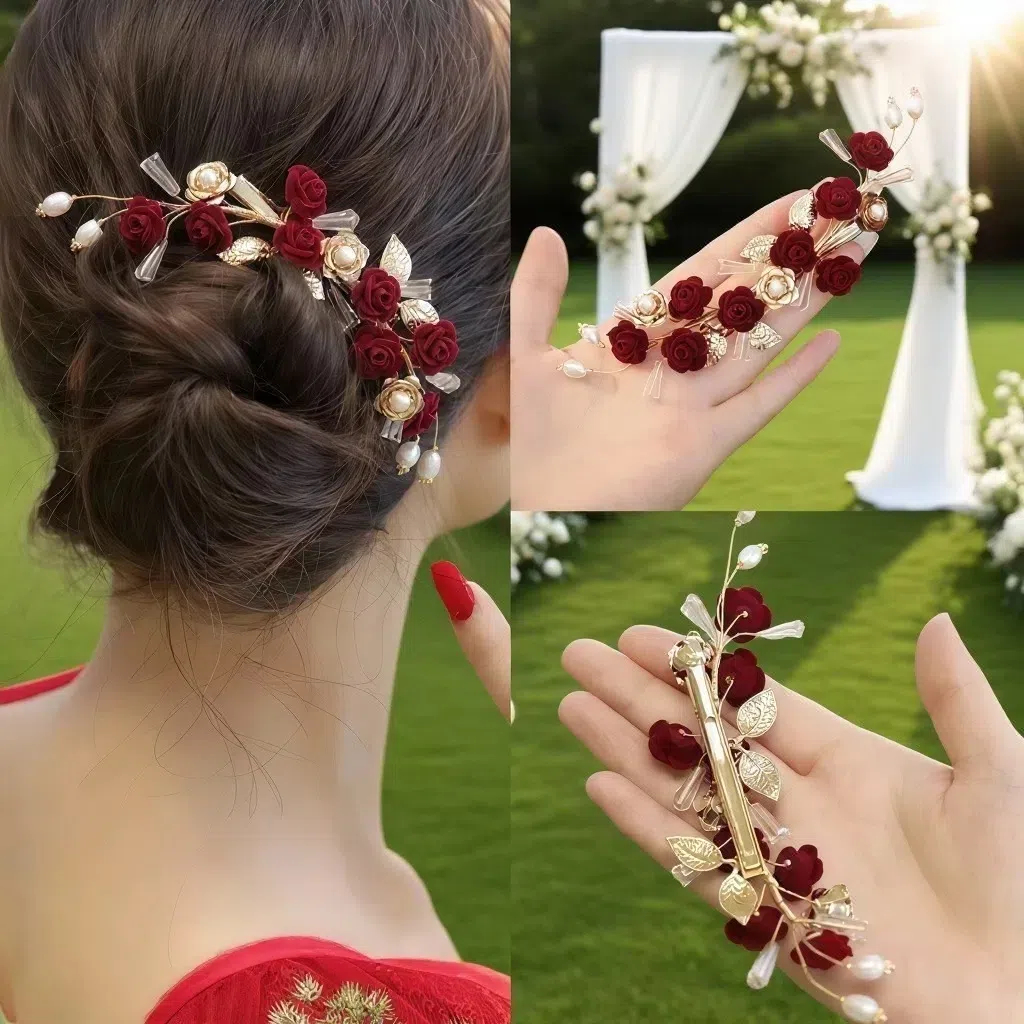 红色玫瑰花发梳高级感新娘头饰流苏插梳敬酒服喜婆婆婚礼跟妆摄影