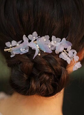 古风汉服头饰流苏步摇发夹古风超仙紫色花朵发冠发梳边夹女组合仙