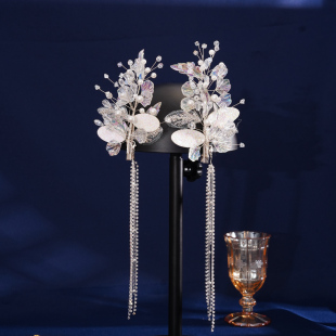 新娘头饰新款手工精致水晶花朵流苏边夹婚纱礼服影楼造型配饰超仙