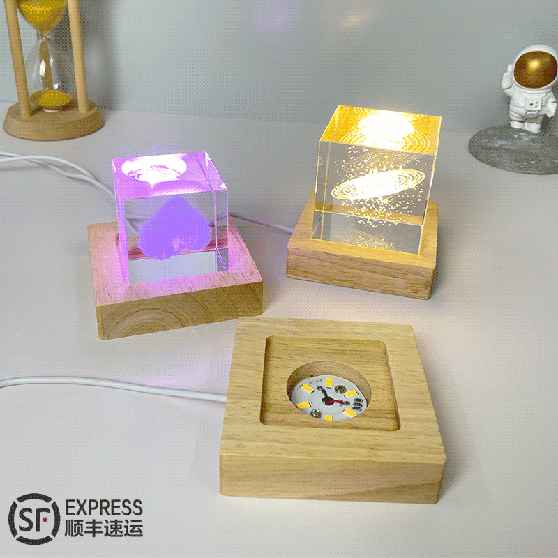 方形USB插电实木发光底座小夜灯