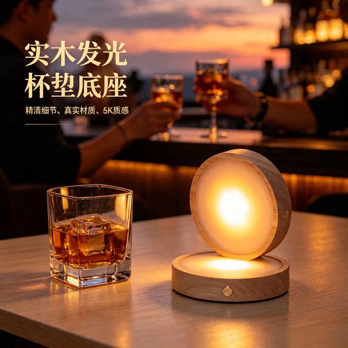 圆形酒瓶杯垫香薰水晶鱼缸玻璃实木LED灯无线充电夜灯发光杯底座