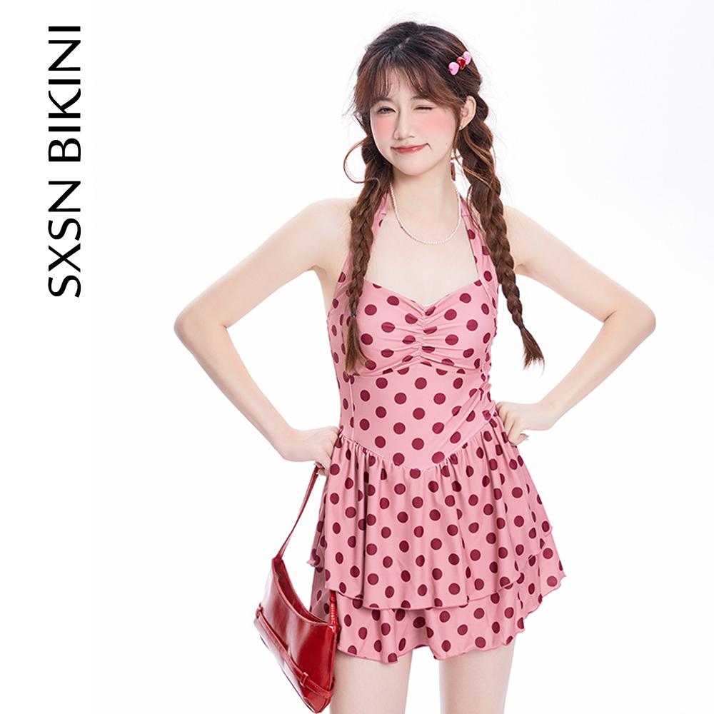 树熊少女 粉色波点挂脖连体裙式温泉小香风显瘦游泳衣大小胸度假