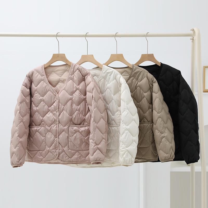 优衣U家官方旗舰店轻薄羽绒服女大码胖mm2025新款宽松V领菱形格时