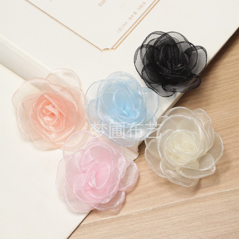 欧根纱玫瑰茶花 服装辅料精致头胸鞋花DIY手工配饰 直径约6.5厘米