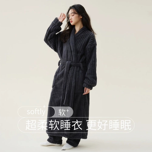 Бархатный демисезонный длинный банный халат, пижама, зимний комплект, увеличенная толщина