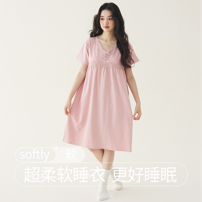 带胸垫睡裙女士蕾丝边中长款睡衣