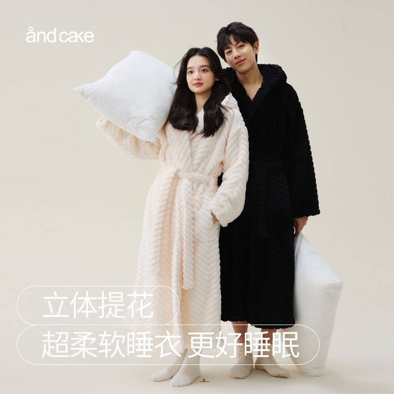 Andcake冬季情侣珊瑚绒连帽睡袍