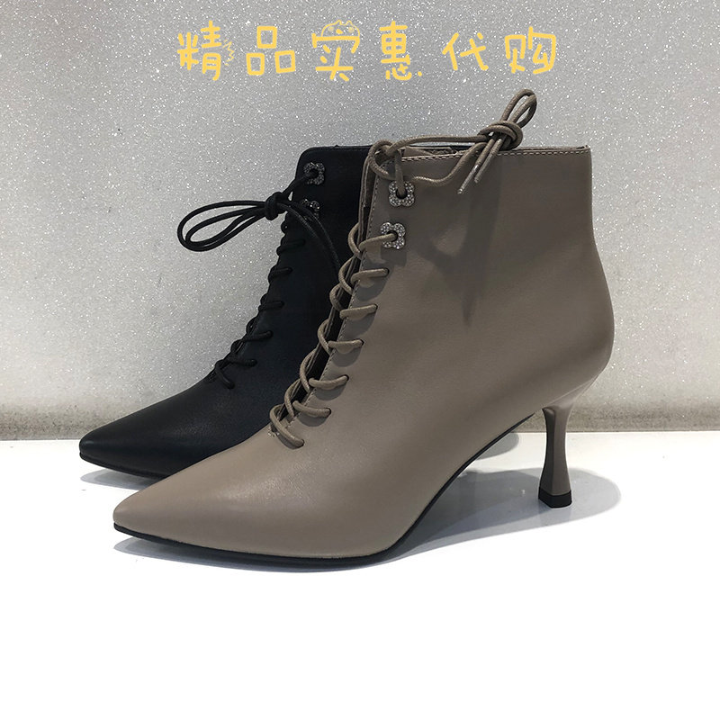 COMELY康莉2022冬季新款尖头细高跟羊皮纯色时装靴短靴女KYQ28928