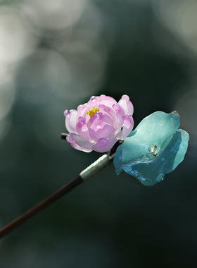 风荷举竹簪 热缩花簪新中式竹子发簪丸子盘发发钗汉服荷花步摇女