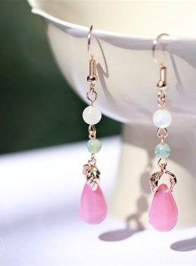 娇娇 新中式古风汉服耳环琉璃玛瑙蝶贝珠耳钩耳夹无耳洞气质粉色