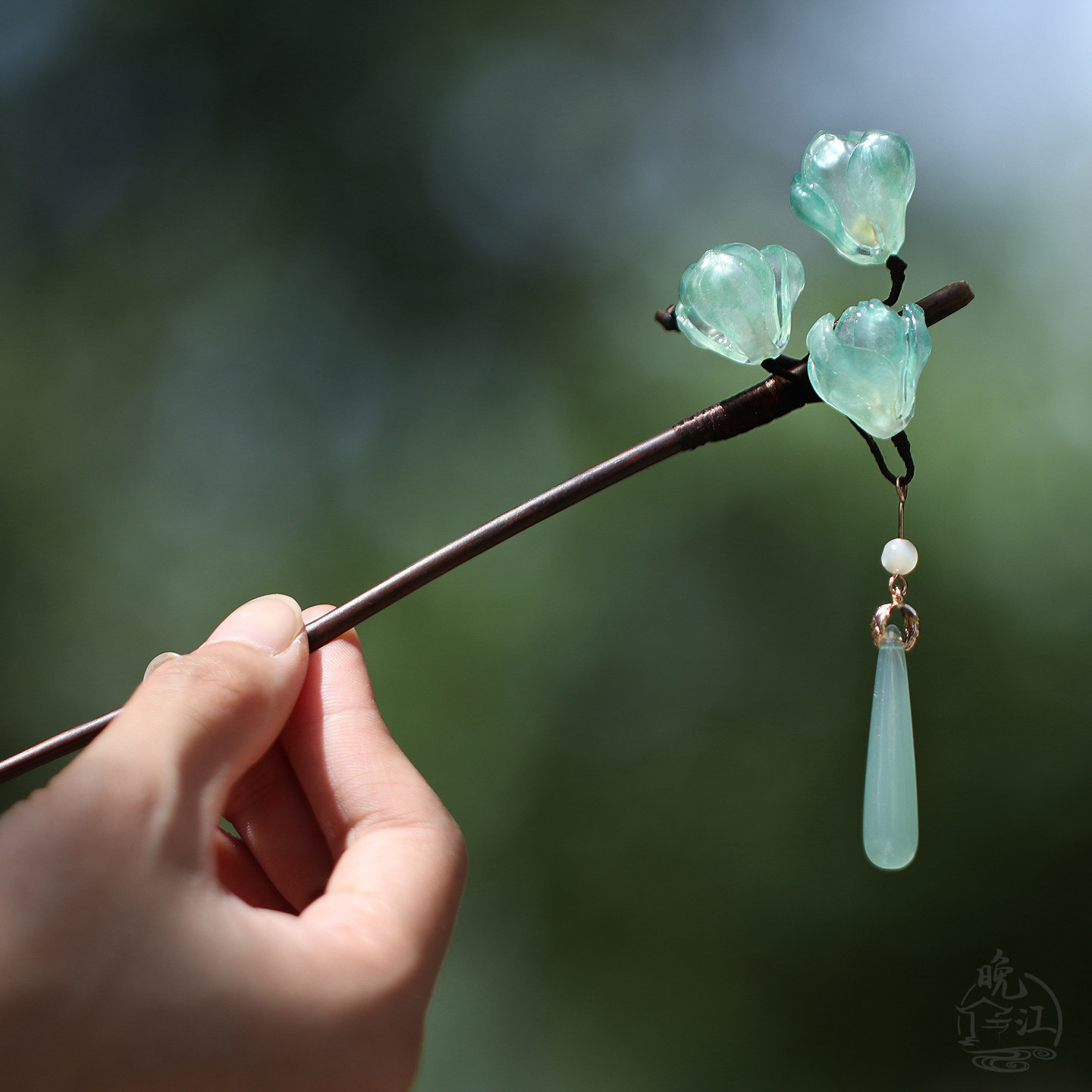 青玉兰 热缩花簪新中式竹子发簪树脂仿玉水滴簪子旗袍盘发发钗绿