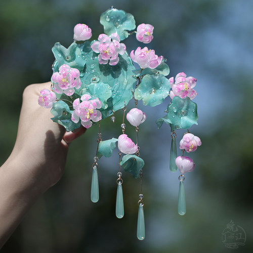 风荷举 热缩花簪荷花发簪u型新中式发钗汉服古风流苏步摇盘发簪子