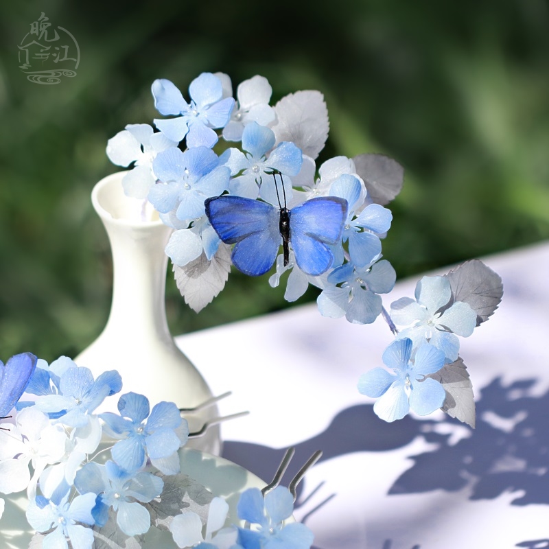 风雪 热缩花簪蓝色蝴蝶发钗簪子u型古风新中式汉服团花步摇高级感