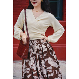 显瘦v领秋冬针织开衫 灯笼袖 外搭毛衣 复古弹力绑带上衣 Chings法式