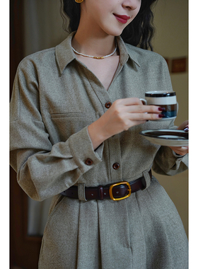 Chings法式复古落肩宽松高腰衬衫裙 A字梨形身材显瘦薄呢子连衣裙