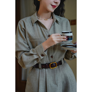 A字梨形身材显瘦薄呢子连衣裙 裙 Chings法式 复古落肩宽松高腰衬衫