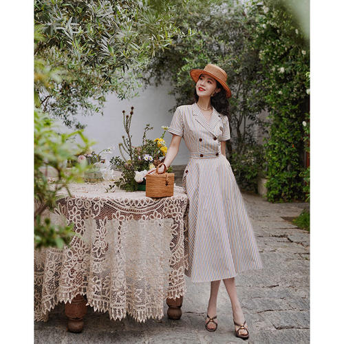 Chings法式复古西装领工装条纹连衣裙 高腰显瘦收腰通勤A字大摆裙