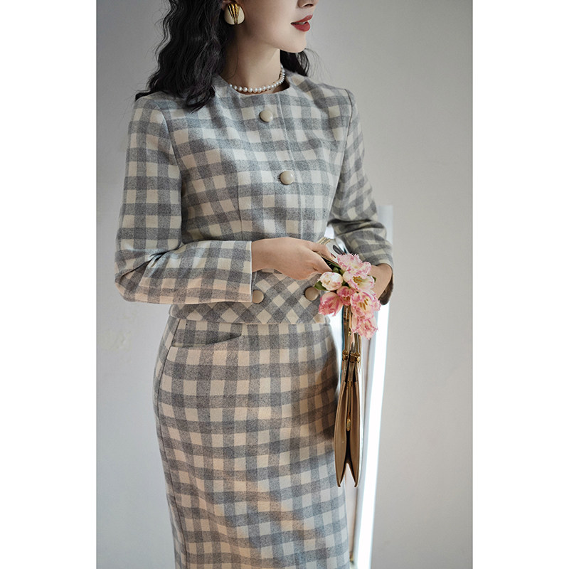 Chings复古优雅格纹粗呢毛呢套装收腰直筒裙显瘦半裙格雷系短外套