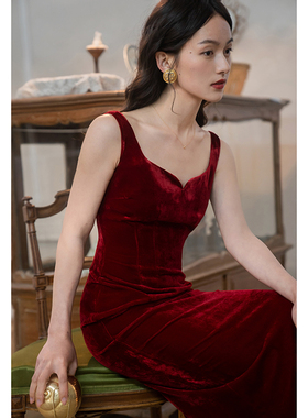 ching's气质优雅复古大方领真丝吊带裙 开叉高腰显瘦直筒裙连衣裙