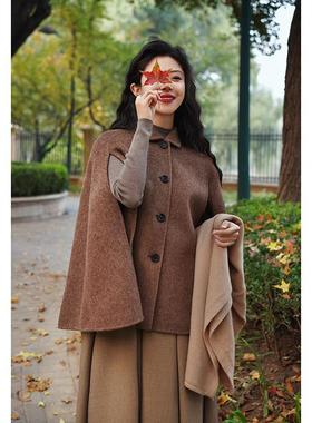 Chings 法式复古单排扣圆领毛呢斗篷 显瘦百搭双面呢中长款大衣冬