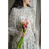 松紧连衣裙女优雅半高领荷叶边长袖 Chings法式 复古喇叭袖 长裙秋冬