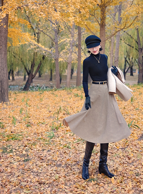 Chings复古仿羊皮磨砂质地半裙秋冬 高腰显瘦保暖百搭A字裙大摆裙