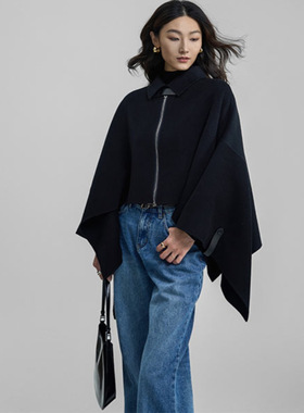 [清仓]Cyan Moza【夜影】 极简羊毛外套女羊绒双面呢披肩斗篷大衣