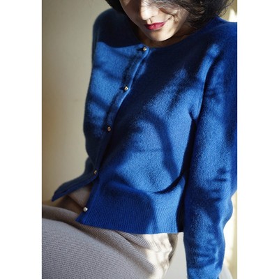 Ching's彩色羊毛保暖针织开衫 复古小众克莱因蓝经典圆领外套秋冬