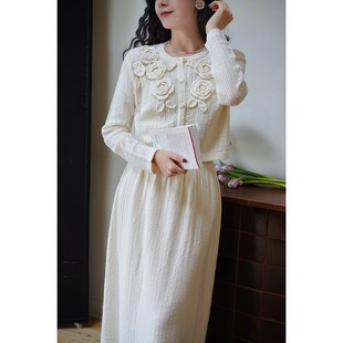 冬 弹力腰小A字半裙套装 Chings法式 复古手工钩花立体花朵针织开衫