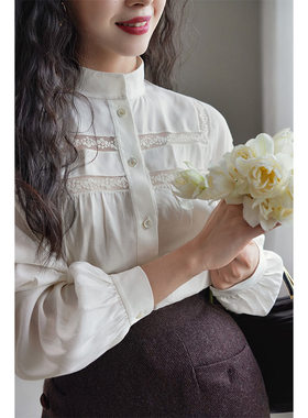 Chings 法式复古蕾丝拼接棉麻气质衬衫 半高领灯笼袖绑带内衬上衣