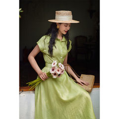 Chings 1960年代中古苎麻短袖衬衫裙收腰显瘦通勤感A字大摆连衣裙